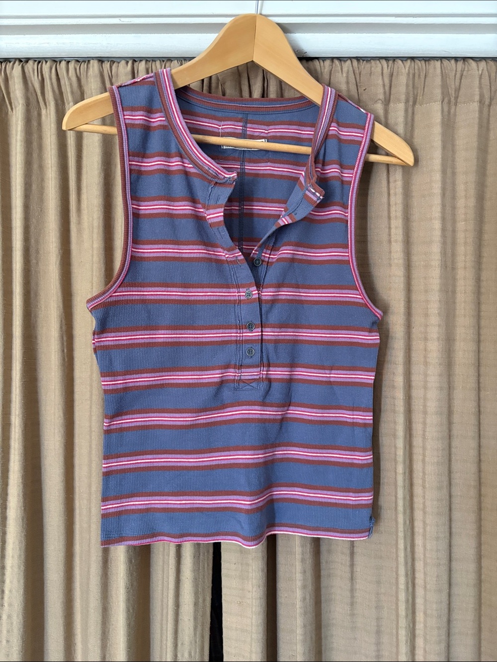 We The Free Jaime Striped Ribbed Henley Tank - Blue & Pink